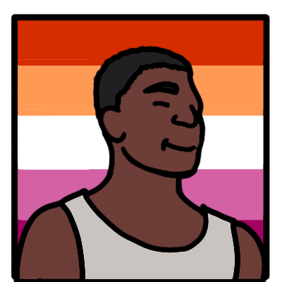 a 3/4 view of a smiling Black person shown from the shoulders up. they have warm brown skin, very short black hair, and are wearing a ligt grey tank top. behind them is a 5-stripe lesbian flag.